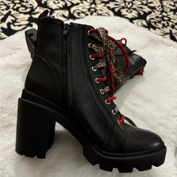NEW Gianni Bini Ryedderr Leopard Block Heel Combat Boots BlackRed LaceUp 10 - Picture 15 of 16